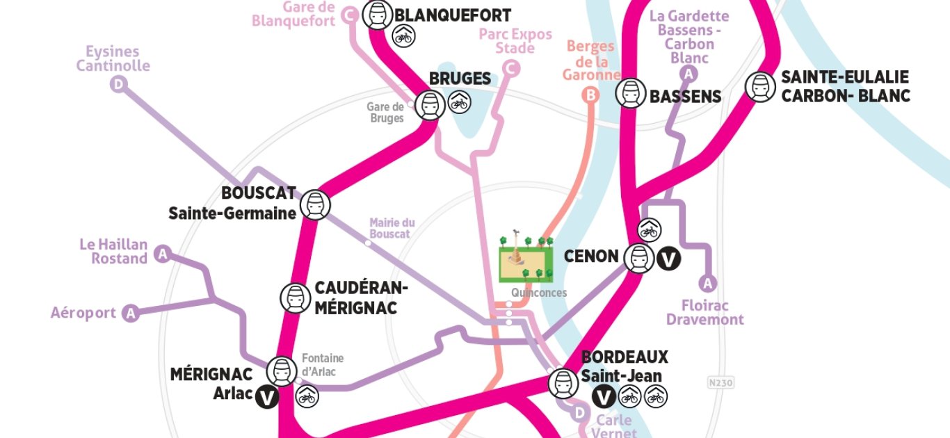 Plan des 16 gares de Bordeaux Métropole sur fond blanc