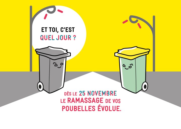 Deux poubelles (une noire, une verte et jaune) dessinées s'interpellent pour savoir le nouveau jour de ramassage.