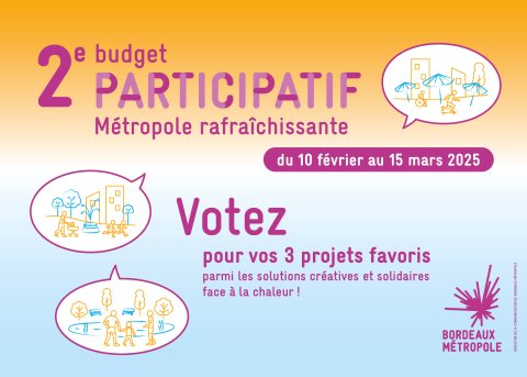 Texte de l'affiche : 2eme budget participatif. Votez pour vos 3 projets favoris avec un fond de couleur.