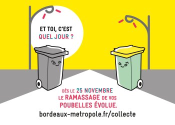 Deux poubelles (une noire, une verte et jaune) dessinées s'interpellent pour savoir le nouveau jour de ramassage.