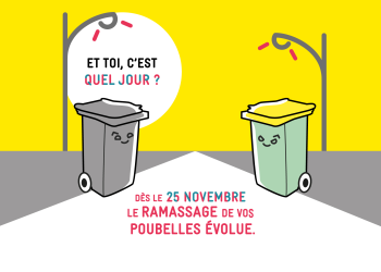 Deux poubelles (une noire, une verte et jaune) dessinées s'interpellent pour savoir le nouveau jour de ramassage.