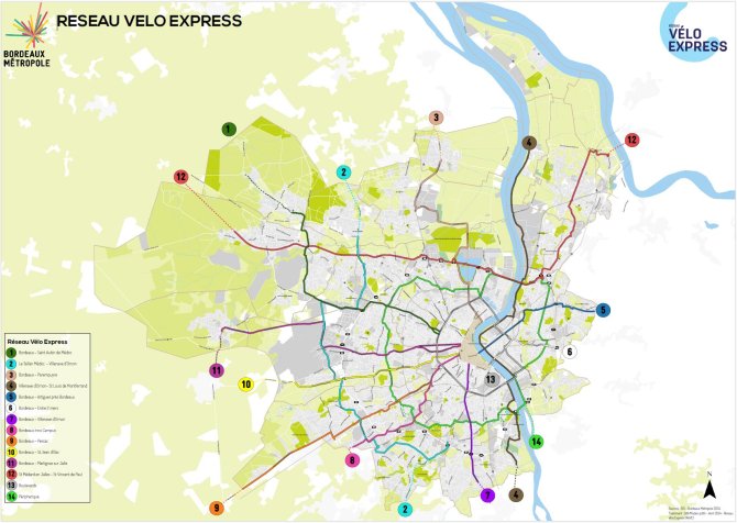 Cartographie du réseau Vélo Express répertoriant les tracés des différentes lignes - Sept 2024