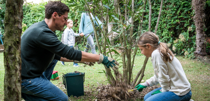 famille en train d'enlever les branches des arbres de leur jardin